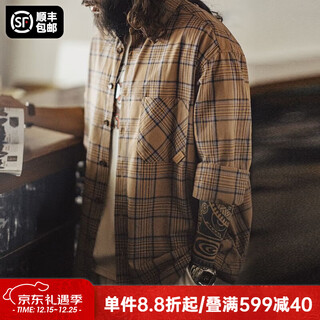 Madden workwear american retro plaid shirt men's jacket earthy plaid cotton long-sleeved men's shirt summer thin light brown plaid shirt/loose/outer wear shirt l (175)