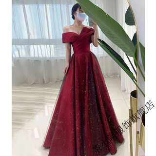 Tea xiao a satin toast wear bridal light wedding dress red one shoulder engagement appreciation banquet evening dress for women burgundy m