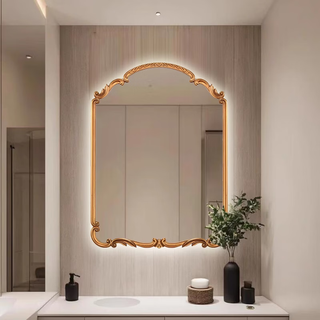 European retro art dressing mirror, bathroom wash mirror, american special-shaped entrance hall, living room, bedroom wall-mounted mirror 80*100cm gold style + led light