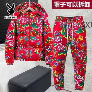 Playboy northeast large flower cotton-padded jacket men and women same style suit national fashion winter cotton pants cotton coat thickened warm jacket internet celebrity cotton clothing red - hooded short style high quality large flower cotton-padded jacket + cotton pants xl 105-125jin jin is equal to 0.5 kg