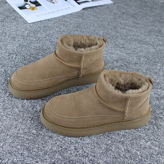 Belle snow boots women's cowhide thick sole 2025 winter new fur one-piece wool plus velvet cotton shoes thickened non-slip versatile brown 38