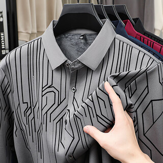 Vicutu 2025 long-sleeved shirt new style striped printed lapel business velvet versatile simple shirt for middle-aged and young people gray xl