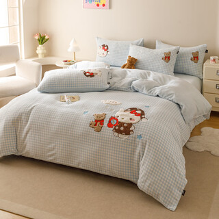 Roland live cartoon cute milk velvet four-piece set appliqué thick warm milk velvet children's bedroom quilt cover sheets bedding kz milk velvet kit-hello kaiqi cat-blue 1.8 meter bed fitted sheet quilt cover 200*230cm