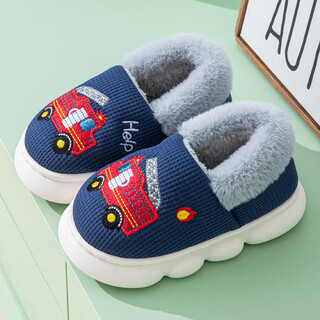 Shijanu autumn children's cotton slippers bag heels for boys home non-slip warm furry little boy baby cotton shoes for large children navy-fire truck 26_-27 size 16cm inner length