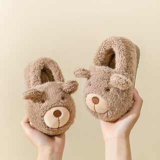 Bradmiller baby cotton slippers autumn and winter boys cartoon cotton slippers indoor home child bag heel women's winter warm children's cotton shoes bear bean paste 14cm inner length