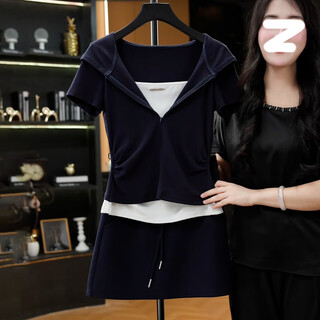 Xiaohongshu little man outfit set 2025 summer new pleated waist fake two-piece hooded top suit top + skirt one size fits all m100115jin jin equals 0.5 kg