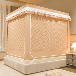 Fantasy warm windproof anti-fall mosquito net blackout household model free installation bed ancient bag tent winter thickened cotton 9809 cotton brown full bottom warm three-layer thickened blackout cloth + category a suitable for 1.5m bed - width 150cmx length 190cm