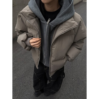 Nying fake two-piece hooded pu cotton coat men's winter new trendy brand thickened warm casual cotton coat jacket loose cotton jacket gray xl (140-160jin jin equals 0.5 kg)
