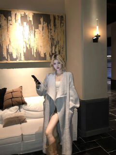 Korean style lazy long knitted sweater coat for women in autumn and winter, thickened and elegant, loose casual coat, elephant gray with straps s s spot delivery with free shipping insurance