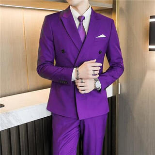 Men's three-piece suit suit korean version slim fit groomsmen and groom wedding formal business casual professional suit jacket purple two-piece suit (suit + pants) xl xxl