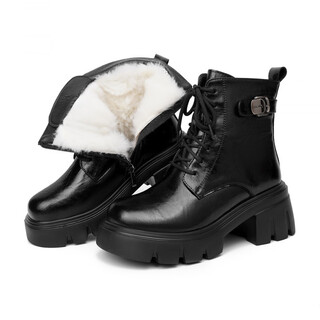 Kangnai thick-soled heightening martin boots for women 2025 autumn and winter british style retro woven short boots black wool 35