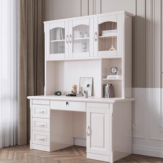 Solid wood desk and bookshelf integrated modern minimalist study desk and bookcase combination bedroom right angle computer desk 1.2 meters single desk white delivery upstairs package installation