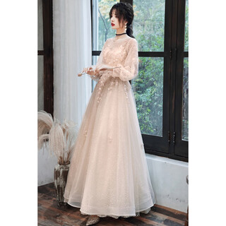 Chuangjing yixuan winter adult ceremony dress champagne color evening dress female birthday party temperament light luxury niche high-end vocal music test champagne color_sn00503 m