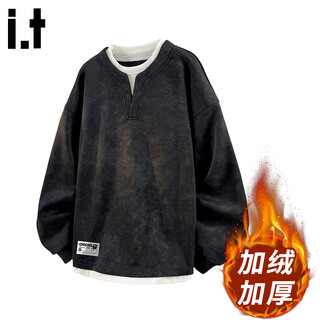 Chocoolateit fake two-piece pullover sweatshirt men's autumn and winter new american tie-dyed long-sleeved t-shirt black plus velvet 2xl