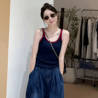 Plus size retro vest women's summer inner layered shirt fat mm slimming beautiful back sleeveless top navy blue top m recommended 90~100jin jin is equal to 0.5 kg