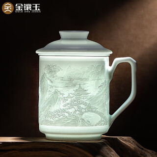 Gold inlaid jade teacher huang shouliang handmade jingdezhen ceramic tea cup shadow green carved office tea cup penglai wonderland