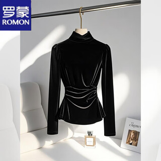 Romon velvet shirt women's french style unique super nice little fragrance style inner wear 2025 winter light luxury high-end black top black top s
