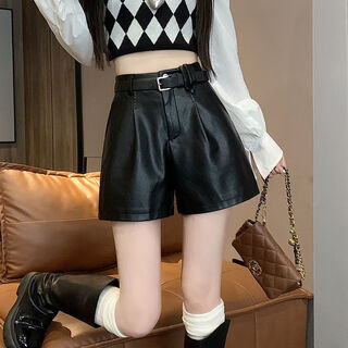 高腰PU皮短裤女装春秋冬新款光腿神器a字直筒休闲裤子韩版打底裤 黑色 XL