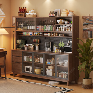Huixun solid wood sideboard kitchen storage cabinet living room multi-functional large capacity tea cabinet integrated storage cabinet cabinet wine cabinet black walnut color #all solid wood with embedded socket 200*40*181