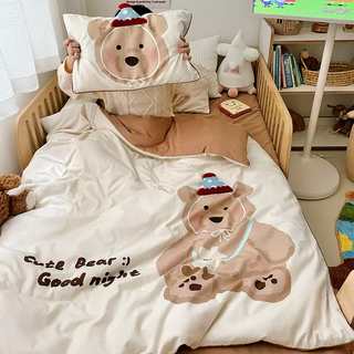 Yusenyi 100s cotton kindergarten quilt three-piece set, six-seven-piece set, pure cotton brushed bedding for baby entering kindergarten, large edition blue hat bear type a 100-count 100-count cotton brushed three-dimensional hat technology, bed sheet style 10-mother cotton core seven-piece set, three-piece set + quilt 2jin jin is equal to 0.5 kg +