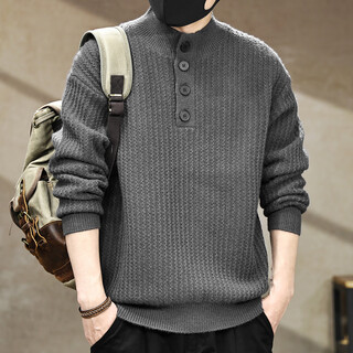 Jingulai american retro heavyweight henry collar sweater men's winter new warm velvet feel winter sweater men's sweater dark gray l weight 130-145jin jin is equal to 0.5 kg