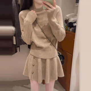 Koranna xiaoxiangfeng red a-line skirt autumn and winter 2025 long-sleeved knitted sweater inner suit for small women two-piece khaki suit l (110-120jin jin equals 0.5 kg)