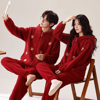 Victoria's style coral velvet couple's pajamas, autumn and winter thickened, wedding year, newlyweds, one man and one woman, winter bright red suit, female 8121-male 8122, zipper with hood, thickened m, female + male l (two sets of prices)