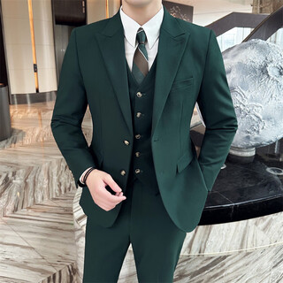 Less is more lilang business casual double-breasted suit suit groom korean version men's slim double-slit small suit dark green three-piece suit m
