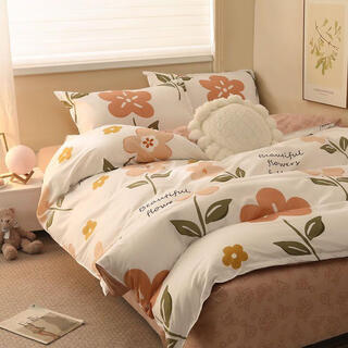 ins床上床品冬季纯水洗棉学生宿舍三件套磨毛床单被套被罩 橙花 1.5米床四件套-被套1.5*2.0