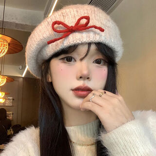 Zhong zhanggui's bow-knotted plush knitted woolen beret for women in autumn and winter, showing her face, small painter's hat, big head, bud hat, trendy oatmeal color, one size fits all, collect and purchase, priority delivery