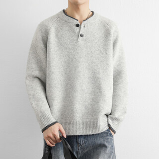 Montagut wool blended henley collar retro sweater men's winter new thickened warm sweater with pullover top light gray l 120-140jin jin equals 0.5kg