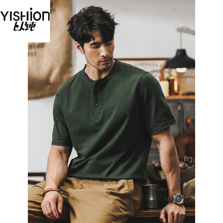Pure (yishion) american 320g heavyweight t-shirt men's short-sleeved polo shirt men's 2025 new loose tough guy henry shirt t-shirt men 2323 military green s suitable for 90-115jin jin equals 0.5 kg