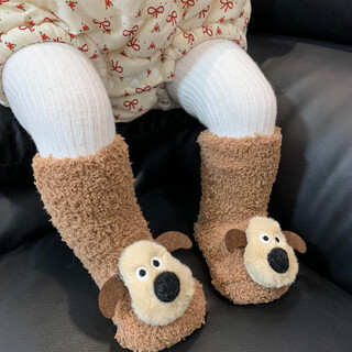 Xinnan baby floor socks baby floor shoes children's plush socks indoor front shoes autumn and winter warm plush carpet socks brown small wool fleece socks (inner length 9-12cm) 0-1 years old