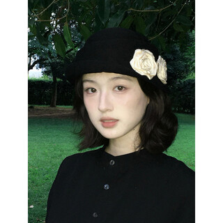 Guiqi hepburn style top hat french retro camellia curled elegant gold style beret temperament fisherman hat basin hat black double rice flower
