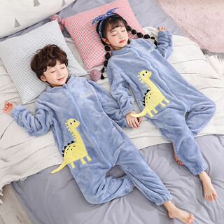 Langsha children's one-piece pajamas autumn and winter flannel baby sleeping bag boys' coral velvet thick section boys and girls anti-kicking and cold one-piece velvet he9605 m size 12 height recommendation 10c