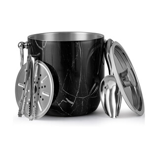 Tengxin 3-liter double-layer stainless steel double-layer ice bucket (with ice clip/lid/ice scoop and filter) black marble pattern 3l