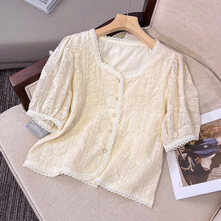 Plus size women's 2025 fat mm summer new shirt square collar lace thorn sleeves short age-reducing fashion top apricot l large size