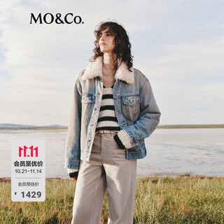 Mo&co. denim jacket 2025 winter new arrival cotton wandering style nostalgia white light blue detachable fur collar mbe4jktt03 denim blue s /160