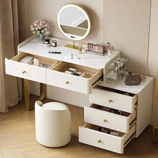 Chugouxiang's new light luxury combination solid wood dressing table, bedside storage cabinet, integrated women's bedroom, modern cream style makeup table, smart mirror - silicone leather - solid wood frame, counter, stool mirror, complete set, length 80cm
