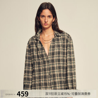 Fu zhien british style retro loose wool-cotton blended salt-shrunk brushed off-shoulder plaid shirt for women pine gray plaid s