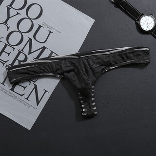 Iosn men's mesh striped thong transparent men's t-pants low-waist sexy thin mesh bag underwear for young men black