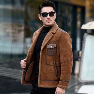 Cjz leather jacket men's parka winter plus velvet thickened jacket trendy warm fur integrated original ecological lamb wool light brown l