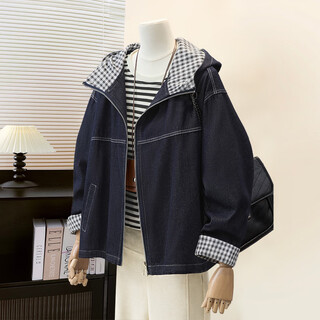 Sibaishe hooded long-sleeved denim jacket for women 2025 autumn new style fashionable simple washed loose top