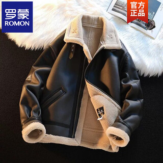 Romon fur integrated plus velvet leather jacket for men in autumn and winter, lapel sherpa cotton coat, men's thickened motorcycle leather jacket, black high quality velvet m 130jin jin is equal to 0.5kg within