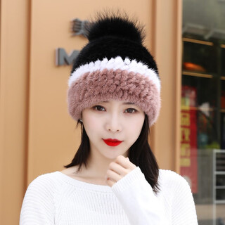 Princess mink hat mink fur knitted warm ear protection mink fur thickened versatile fox fur ball mink hat for women winter rubber red and black rubber red + white + black one size fits all, elastic