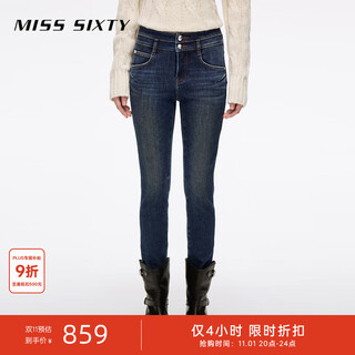 MISS SIXTY2025冬季新款复合绒牛仔裤女双扣腰显瘦修身小脚铅笔裤 深蓝 24