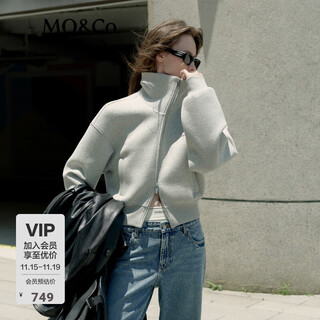 Mo&co. double-open zipper high collar off-shoulder silhouette short jacket moanke medium gray s /160