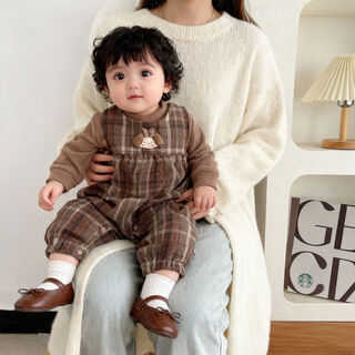 Wonst 25 infants and toddlers vintage plaid overalls woolen suit autumn and winter new baby plush jumpsuit two-piece set woolen brown plaid 66cm one size