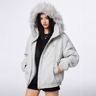 Mbd little devil thickened fur collar hooded cotton coat jacket windproof furry warm cotton jacket party jacket same style for men and women couples silver gray (pre-sale one week shipping) s