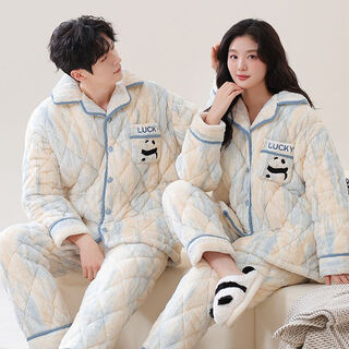 Victoria's style quilted couple's pajamas winter three-layer thickened warm coral velvet cotton home clothes for men and cute cotton jackets for women 7893 m women